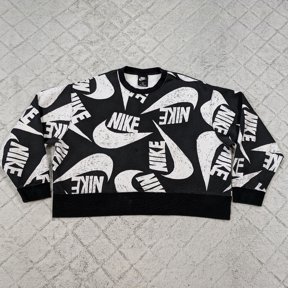 Nike Sweatshirt Women's 1X Black White Icon Clash Allover Swoosh Print Crop Crew - Picture 1 of 9